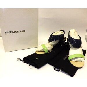 Nicholas Kirkwood Patent Leather Block Heel Sandals Navy Lime Studded Size 38